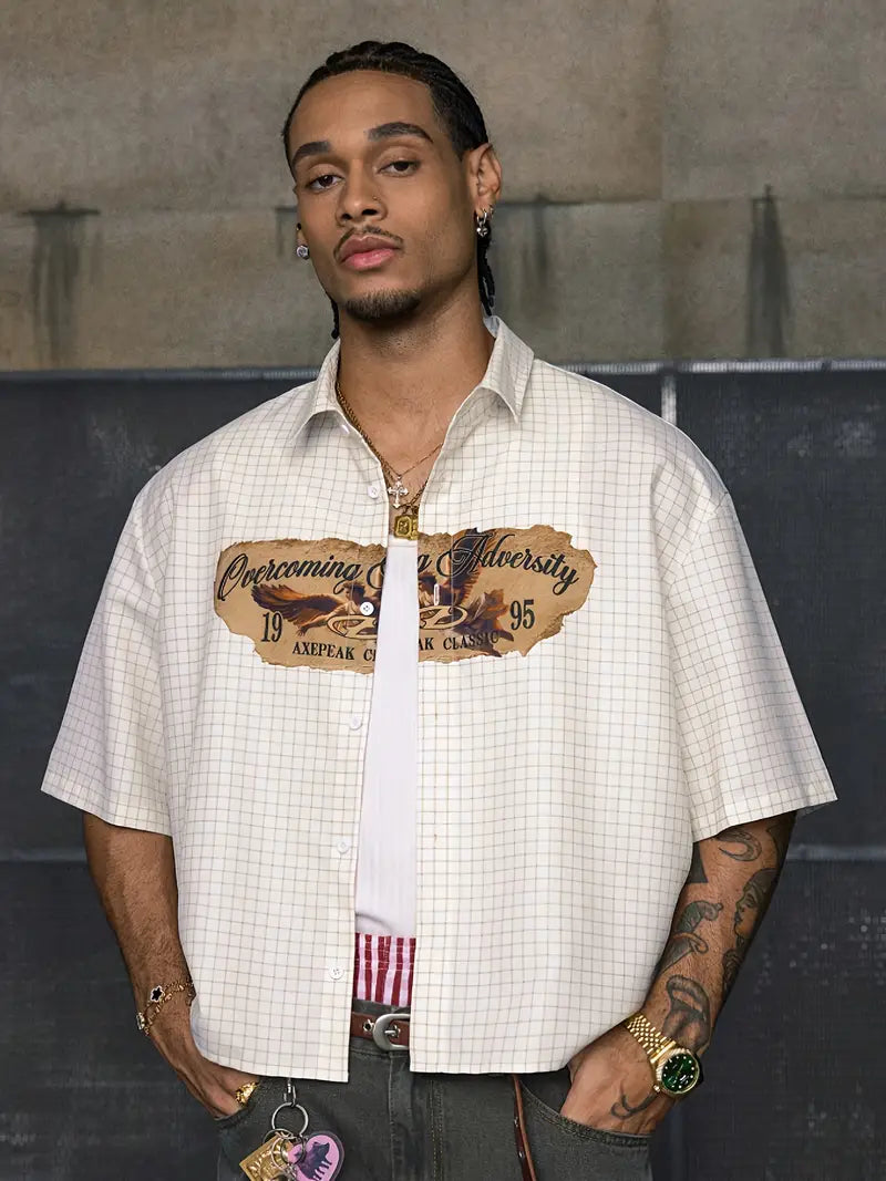 Men's Retro Plaid Print Shirt Short Sleeve Loose Fit Button-Up Woven Fabric for Summer Streetwear