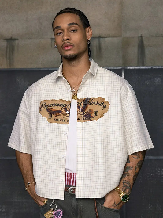 Men's Retro Plaid Print Shirt Short Sleeve Loose Fit Button-Up Woven Fabric for Summer Streetwear