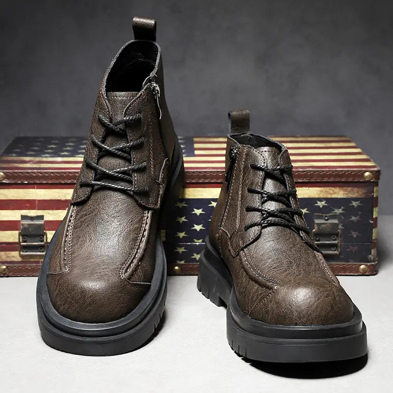 Men's Heavy-Duty Height Increase Shoes with Anti-Slip Rubber Sole PU Upper All-Terrain Traction Black