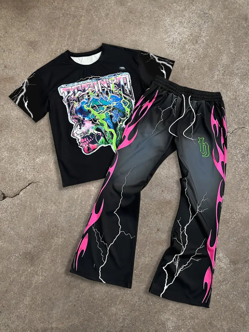 Men's Casual Graphic T-Shirt & Jogger Pants Set Black with Colorful Lightning Print Polyester Streetwear