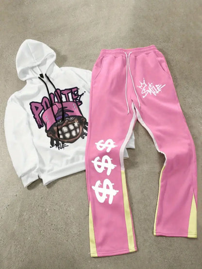 Men’s Street Style Hoodie Set – Figure Print Sweatshirt & Flared Pants for Spring/Fall Fashion