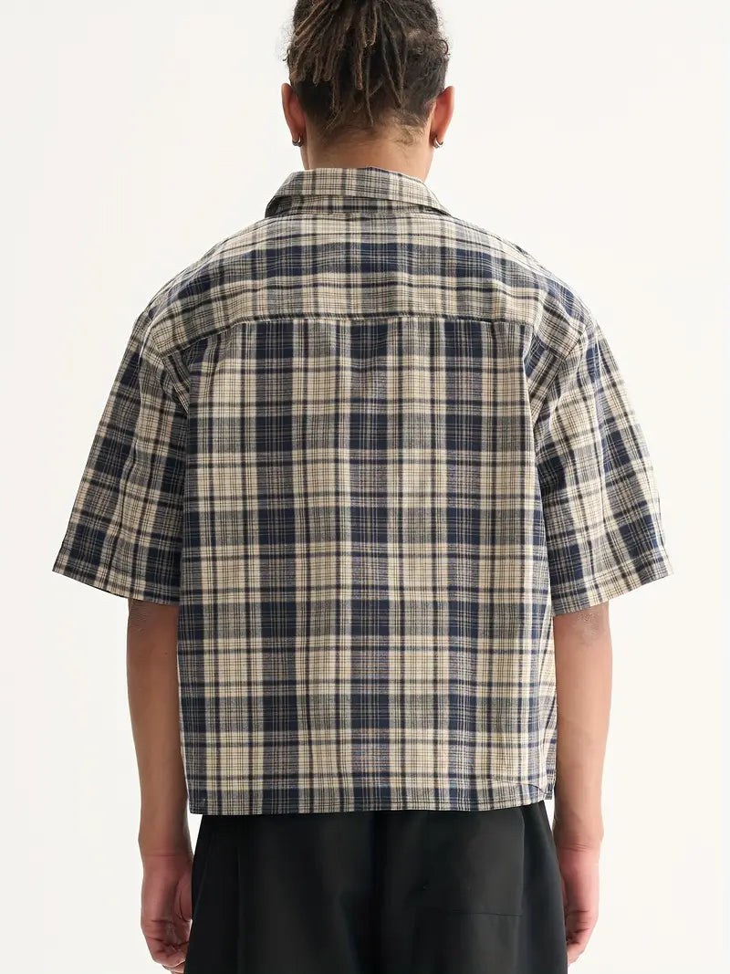 Men's Beige Blue Black Plaid Cropped Shirt Oversized Button-Up Relaxed Fit Short Sleeve Casual Top