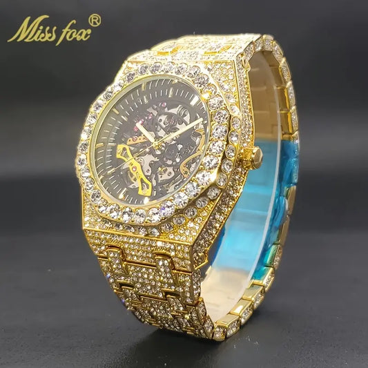 Luxury Men's Automatic Mechanical Watch – Hip-Hop Style, Full Rhinestone Steel, Blue Gem Accents, Transparent Back