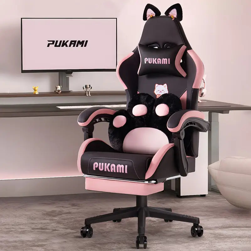 Ergonomic Gaming Chair with Cat Ear Headrest – Kawaii Style, Reclining Lumbar Support, Foam Cushion