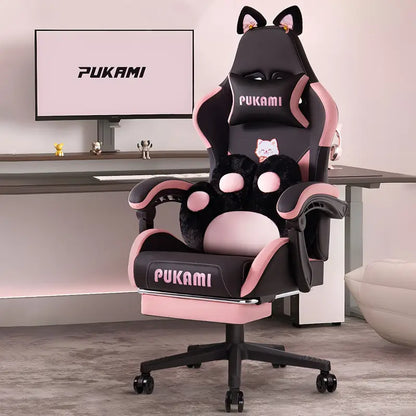 Ergonomic Gaming Chair with Cat Ear Headrest – Kawaii Style, Reclining Lumbar Support, Foam Cushion
