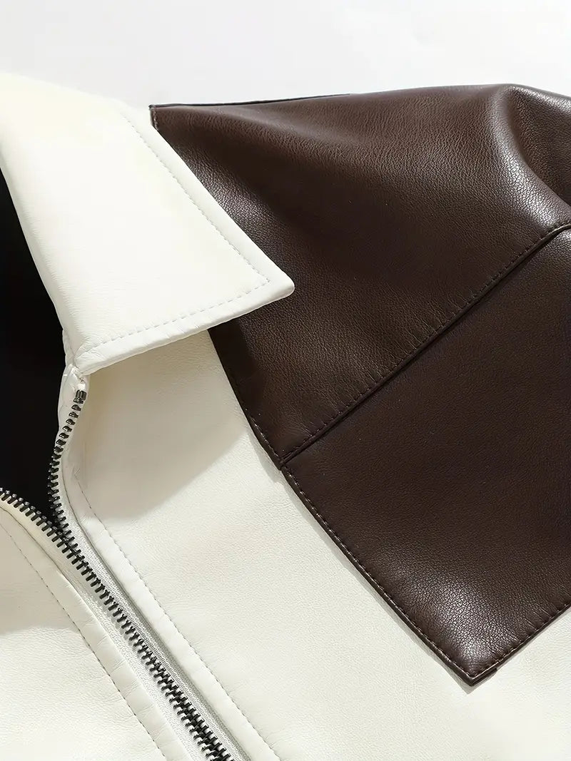 Unisex Casual Jacket for Couples Brown Color Block Design Full-Zip Polyester Coat for Outdoor Everyday Wear