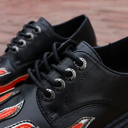 Women’s Gothic Punk Platform Sneakers – Flame Design Lace-Up Shoes with Thick Sole & PU Upper for Concerts, Streetwear & Themed Events