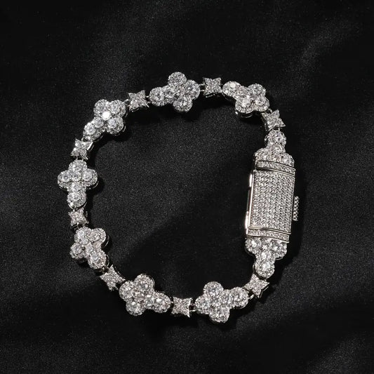 10mm Cross Flower Bracelet – Micro-Inset Zirconia, Shining Copper Hand Jewelry in Golden or Silvery Finish