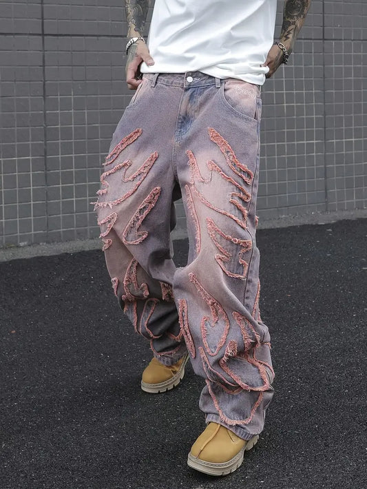 Men’s Vintage American Streetwear Loose-Fit Jeans – Frayed Hem, Gradient Wash, Wide-Leg