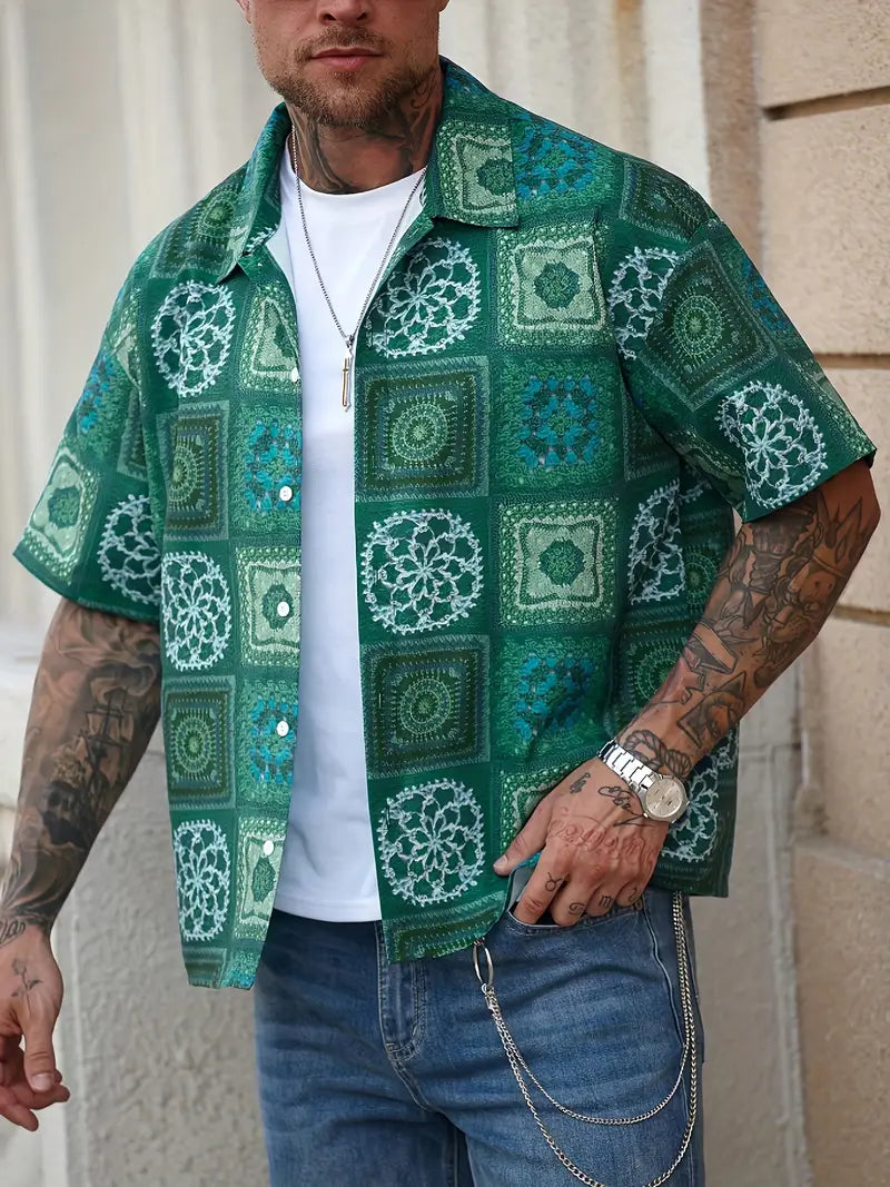 Men's Vintage Floral Print Short Sleeve Shirt Green White Geometric Pattern Button-Up Non-Stretch Fabric