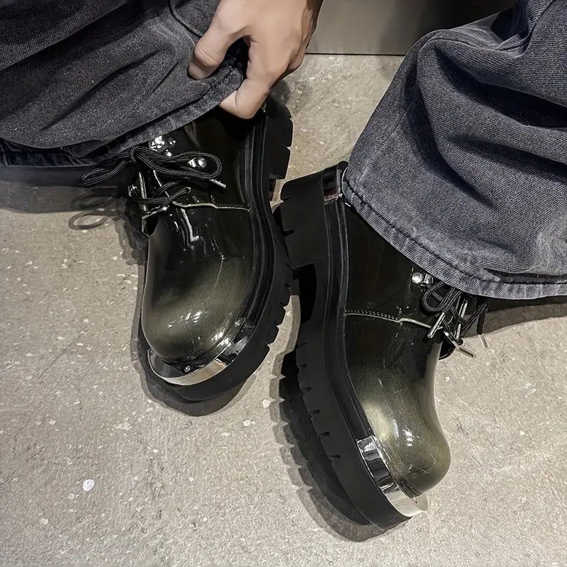 Men's Low-Top Lace-Up Boots – Glossy Multi-Color Ankle Shoes, PU Upper, Streetwear & Casual Style