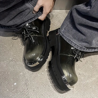 Men's Low-Top Lace-Up Boots – Glossy Multi-Color Ankle Shoes, PU Upper, Streetwear & Casual Style