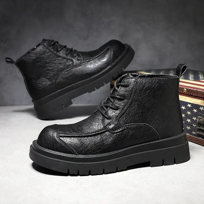 Men's Heavy-Duty Height Increase Shoes with Anti-Slip Rubber Sole PU Upper All-Terrain Traction Black