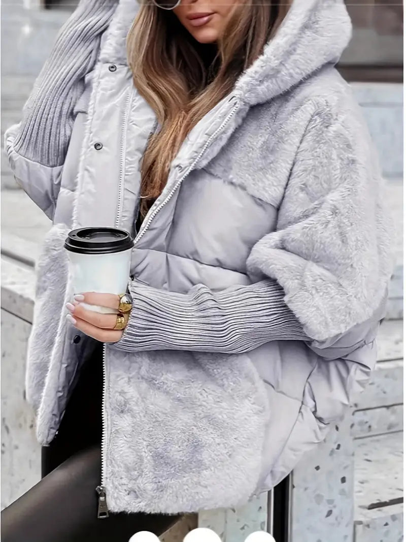 Women's Winter Hooded Jacket with Full-Zip Closure Loose Fit Padded Outerwear in Neutral Colors