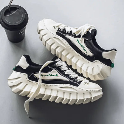 Men’s Stylish White & Black Platform Sneakers – Chunky Sole, Breathable Fabric Upper, Lace-Up Low-Top Design