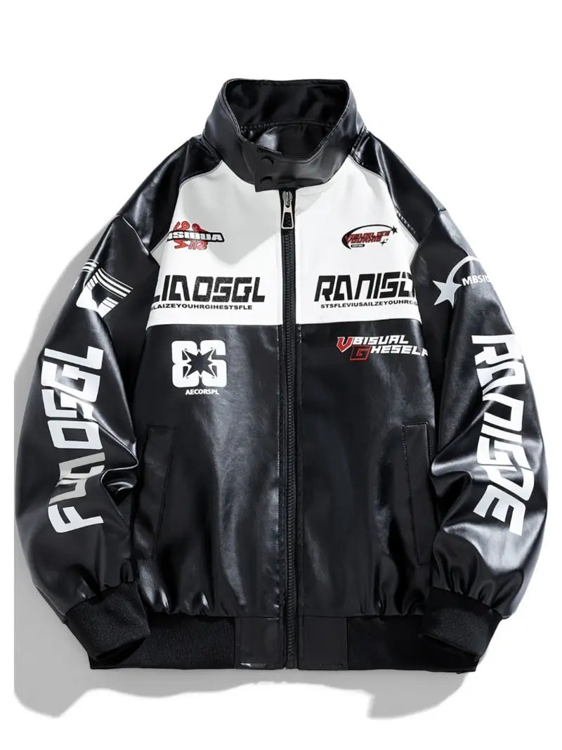 Men's Zip-Up Motorcycle Jacket with Color Block Design Stand Collar Multiple Pockets Casual Winter Outerwear