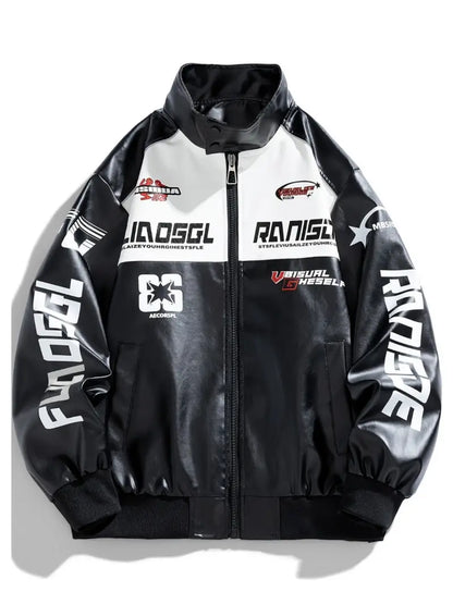 Men's Zip-Up Motorcycle Jacket with Color Block Design Stand Collar Multiple Pockets Casual Winter Outerwear