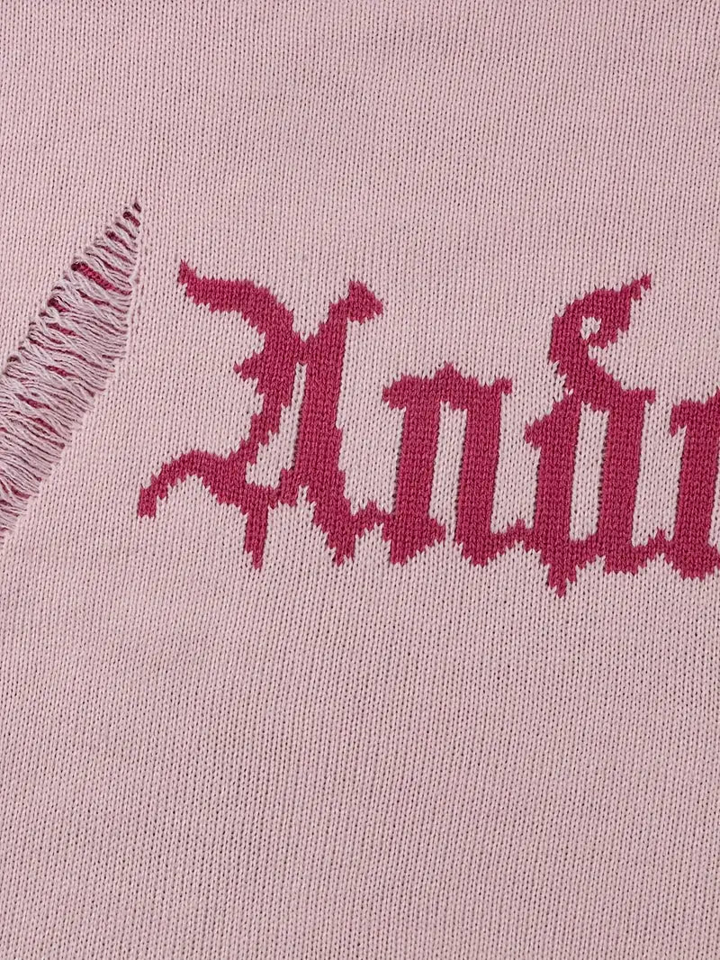 Oversized Gothic Fringe Sweater – Unisex Pink Pullover, Rose & Letter Print, Casual Fall/Winter Knitwear