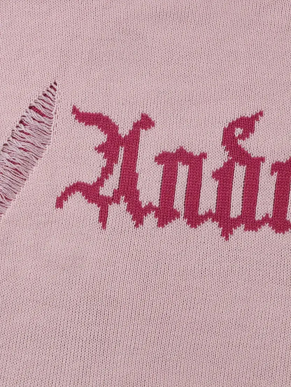 Oversized Gothic Fringe Sweater – Unisex Pink Pullover, Rose & Letter Print, Casual Fall/Winter Knitwear