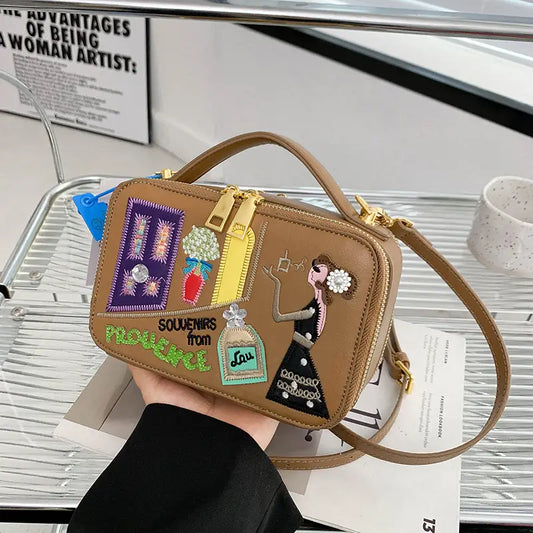 Women’s Retro Cartoon Shoulder Bag – Faux Leather Crossbody Purse with Floral Print