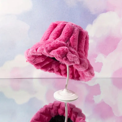 Unisex Winter Bucket Hat – Soft Plush Faux Rabbit Ear Design, Tie-Dye Accents, Adjustable Drawstring