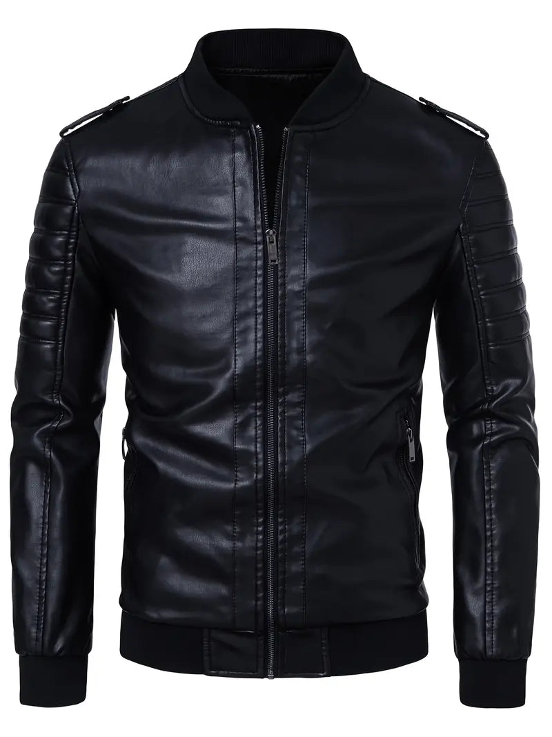 Men's Black PU Leather Jacket Zip-Up Baseball Collar Motorcycle Outerwear for Urban & Formal Wear