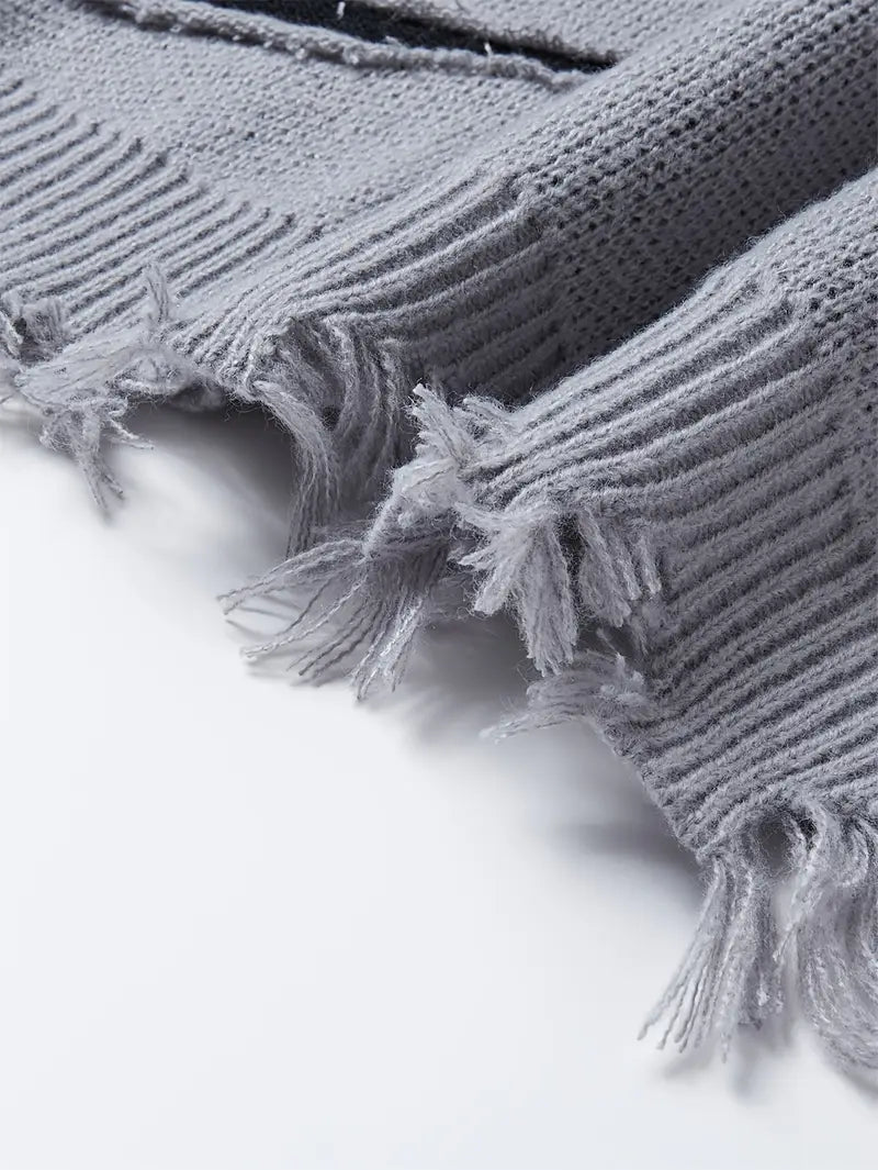 Men's Distressed Knit Sweater – Casual Pullover, Ripped Detail, Loose Fit Streetwear for Fall/Winter Grey