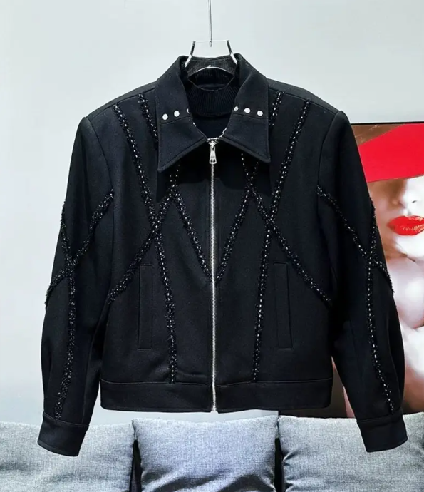 Men's Heavy-Duty Motorcycle Jacket Full-Zip Closure Cross-Beaded Chain Accents Lapel Collar Streetwear Coat