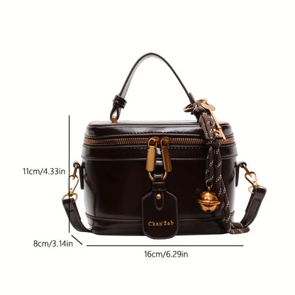 Elegant Vintage Women’s Crossbody Bag – Brown PU Leather Handbag with Bell Pendant, Adjustable Strap & Zipper Closure