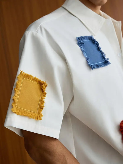 Men's Summer Casual Color Block Shirt Loose Fit Short Sleeve Button-Up Lightweight Non-Stretch Fabric