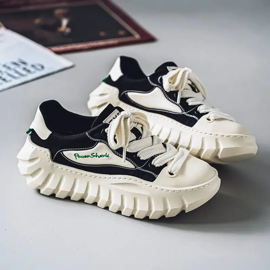 Men’s Stylish White & Black Platform Sneakers – Chunky Sole, Breathable Fabric Upper, Lace-Up Low-Top Design