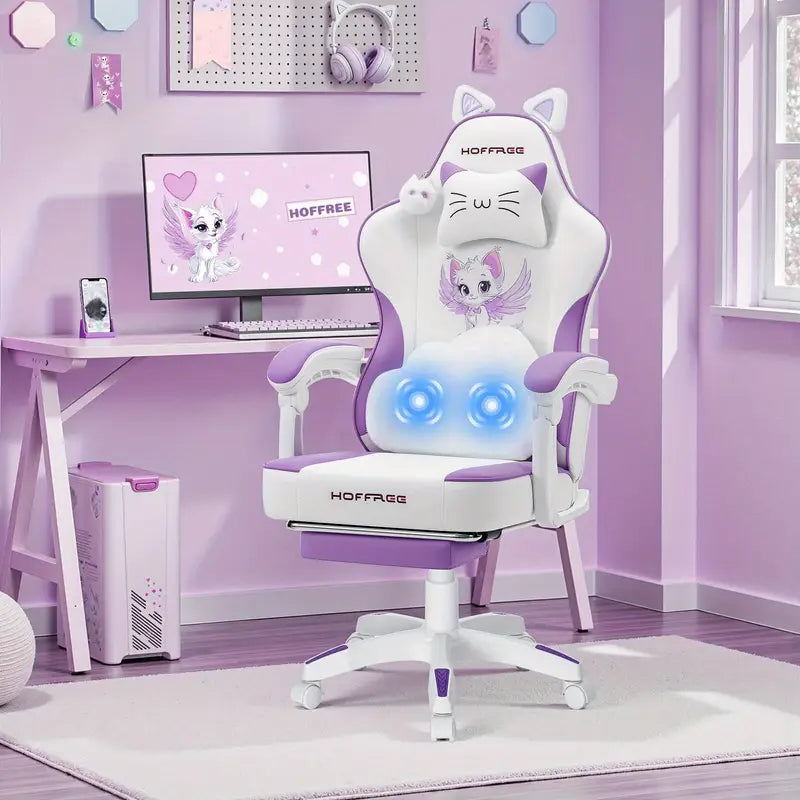 Cute Cat Ear Gaming Chair – Massage Lumbar Cushion, Footrest, USB Powered, White & Purple
