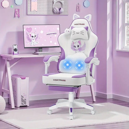 Cute Cat Ear Gaming Chair – Massage Lumbar Cushion, Footrest, USB Powered, White & Purple