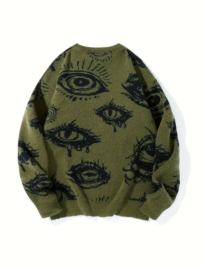 Eye Graphic Sweater – Unisex Streetwear Pullover, Black & White Knit, Fall Winter Fashion