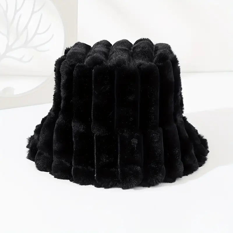 Unisex Winter Bucket Hat – Soft Plush Faux Rabbit Ear Design, Tie-Dye Accents, Adjustable Drawstring