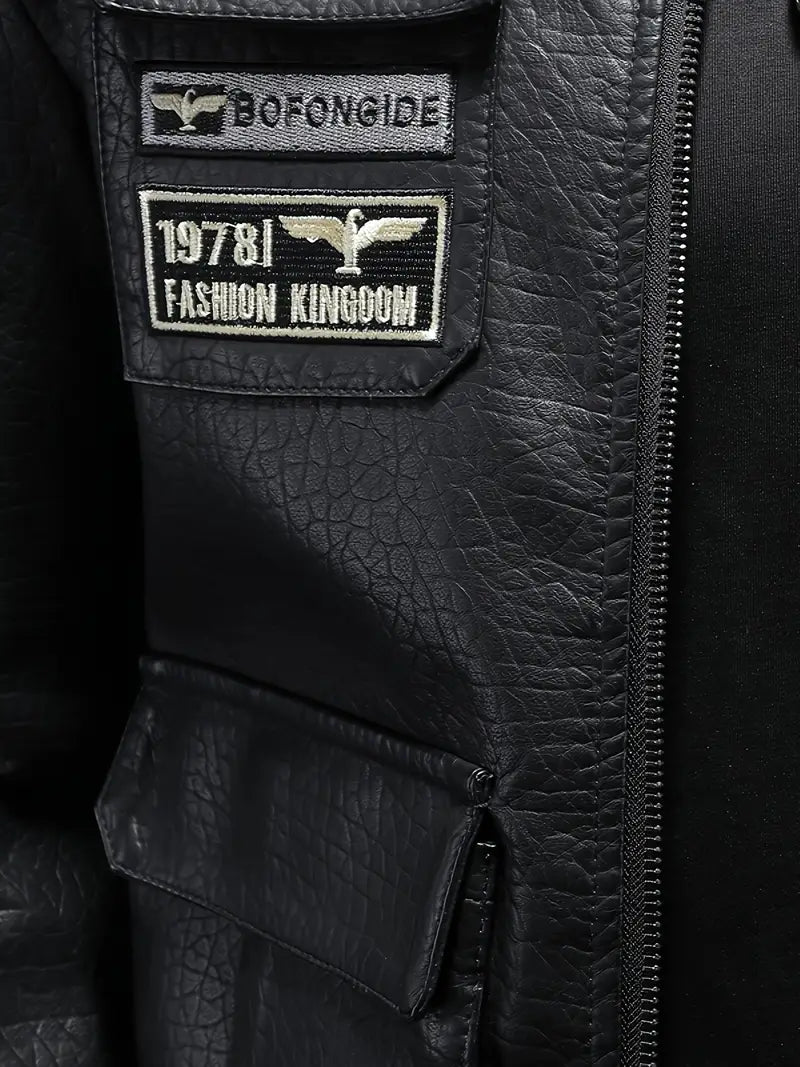 Men's Windproof PU Leather Jacket Stand Collar Zipper Casual Outerwear for Autumn Winter