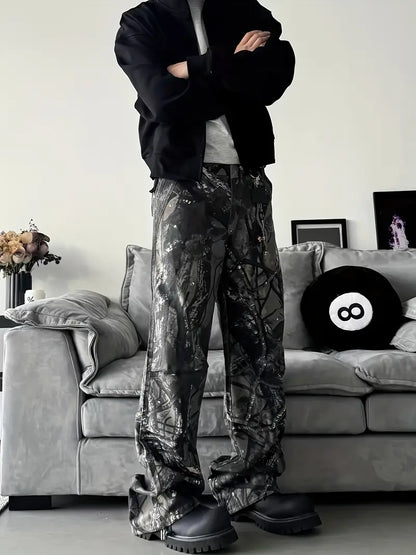 Men’s Camouflage Cargo Pants – Non-Stretch Straight-Leg Trousers with Pockets for Urban Streetwear