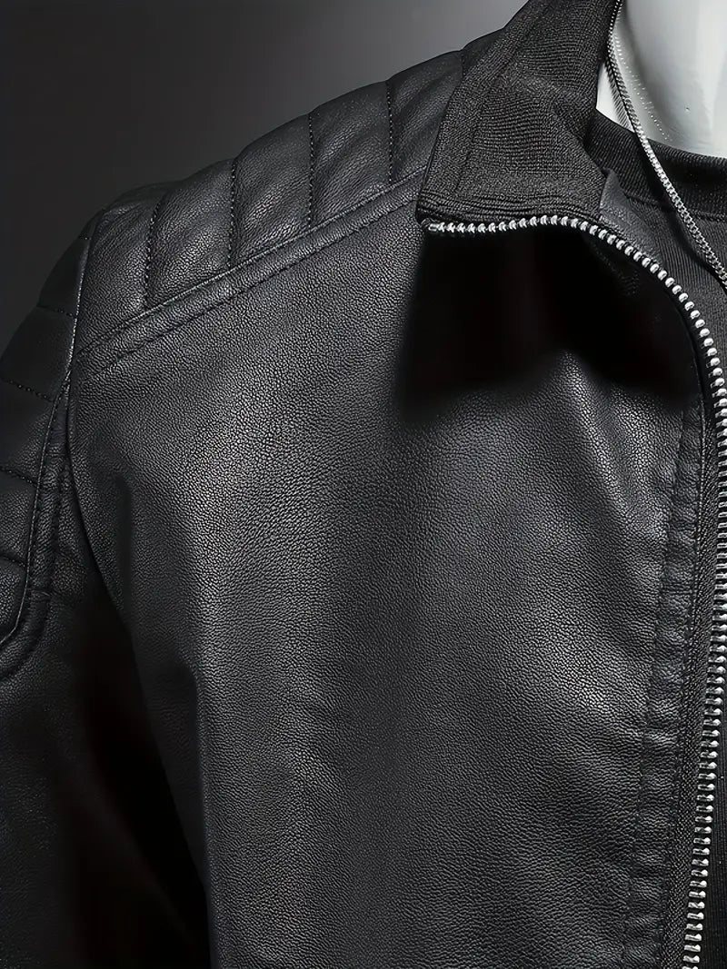Men's Stand Collar Faux Leather Jacket Zip-Up Solid Color Casual Outerwear with Pockets