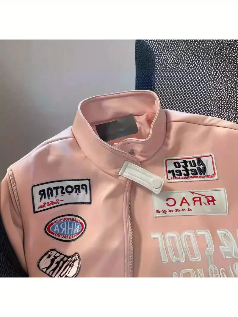 Unisex Heavy-Duty Embroidered Motorcycle Jacket – PU Leather Softshell Baseball Style with Stand Collar & Zipper Closure