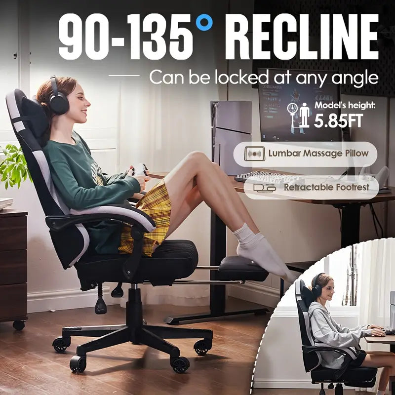 Big & Tall Ergonomic Gaming Chair – Breathable Fabric, Massage Lumbar Support, Adjustable Headrest & Footrest