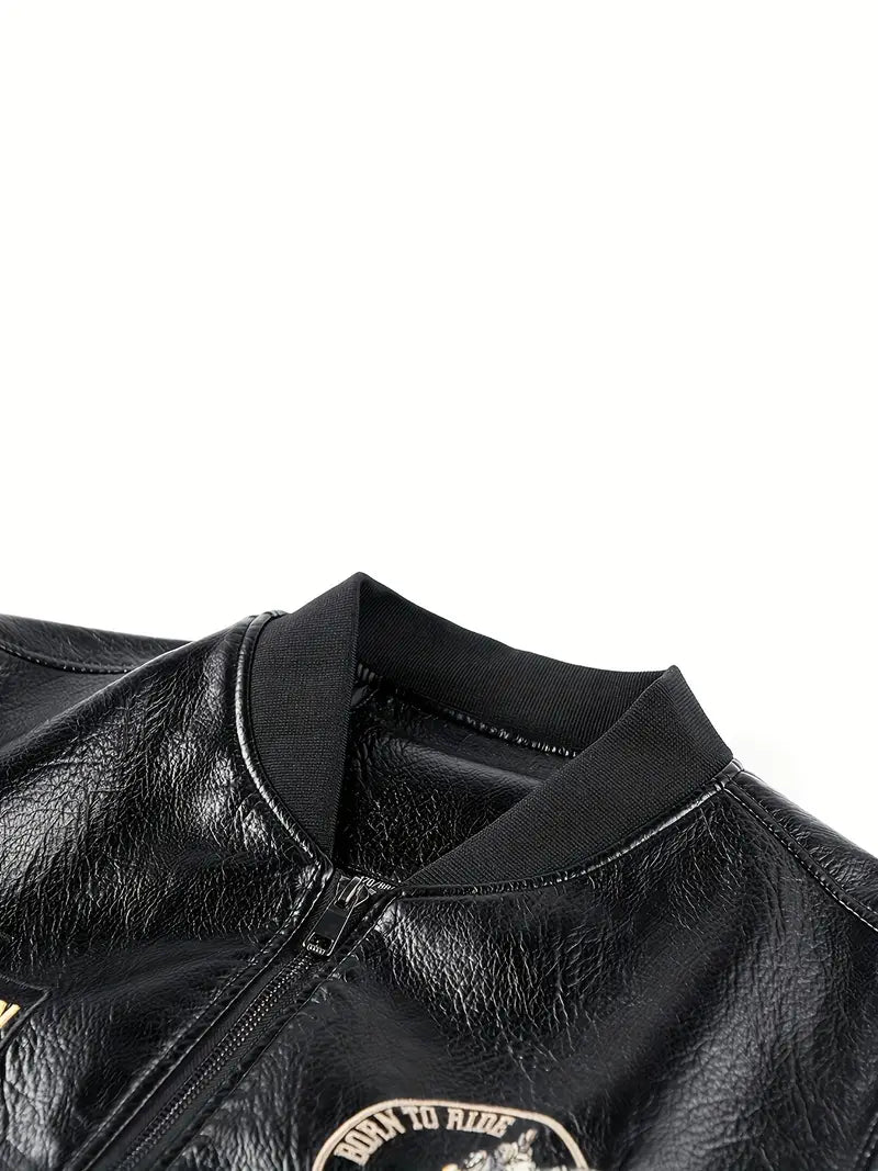 Men's Vintage Bomber Jacket PU Leather Zip-Up Baseball Collar with Patches Brown Glossy Outerwear Brown