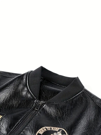 Men's Vintage Bomber Jacket PU Leather Zip-Up Baseball Collar with Patches Brown Glossy Outerwear Brown