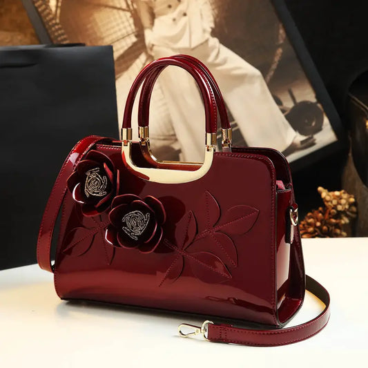 Women’s Elegant Handbag – Zipper Closure Purse with Floral Embroidery, Gold-Toned Hardware & Oil-Edged Finish in Burgundy, Black & Green