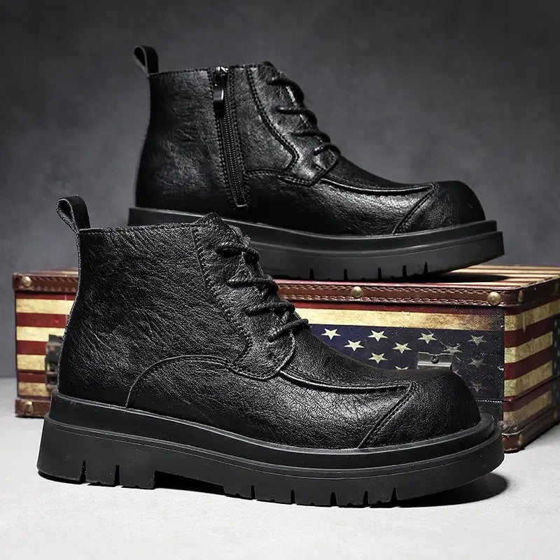 Men's Heavy-Duty Height Increase Shoes with Anti-Slip Rubber Sole PU Upper All-Terrain Traction Black