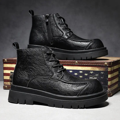 Men's Heavy-Duty Height Increase Shoes with Anti-Slip Rubber Sole PU Upper All-Terrain Traction Black