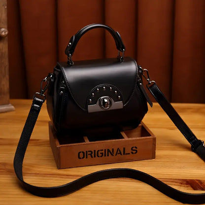 Women’s Retro Apple-Shaped Crossbody Bag – Soft Synthetic Leather, Black with Golden-Tone Hardware, Adjustable Strap & Zipper Closure
