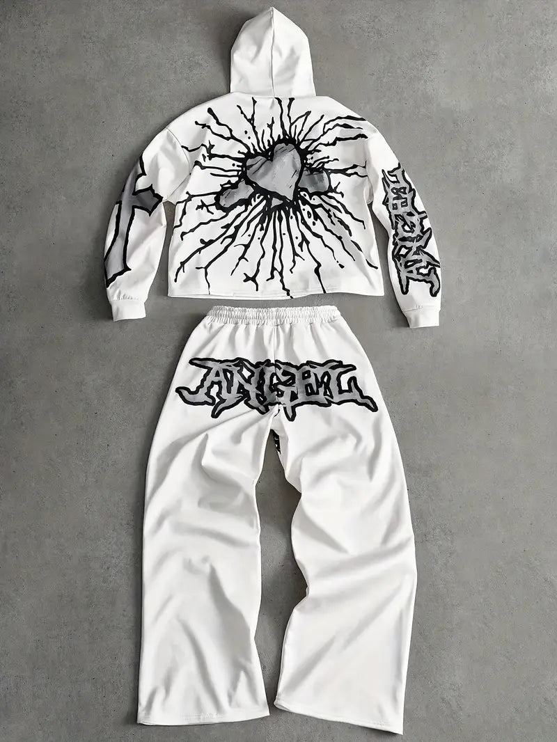 Men's 3D Angel Heart Hoodie Set Polyester Casual Streetwear Two-Piece Outfit with Graphic Sweatshirt & Pants White/Black