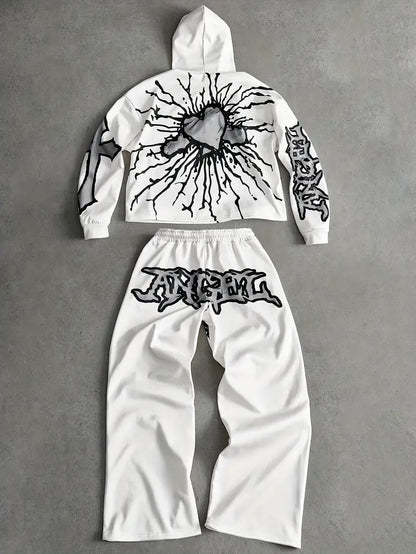 Men's 3D Angel Heart Hoodie Set Polyester Casual Streetwear Two-Piece Outfit with Graphic Sweatshirt & Pants White/Black