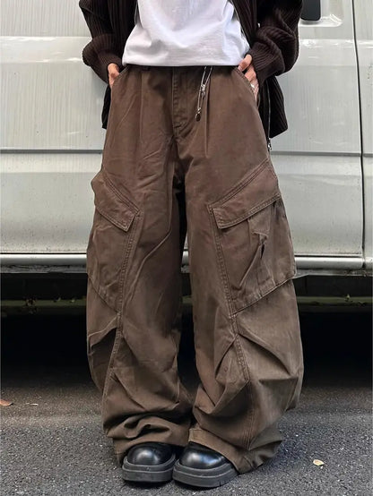 Men’s Vintage Wide-Leg Pants – Loose Fit Cotton Trousers with Pockets & Drawstring Waist