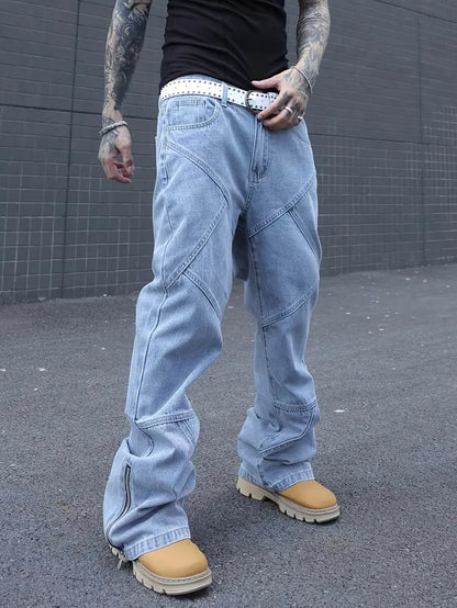 Men’s Multi-Seam Denim Pants – Solid Color Workwear Jeans with Zipper Closure & Regular Fit